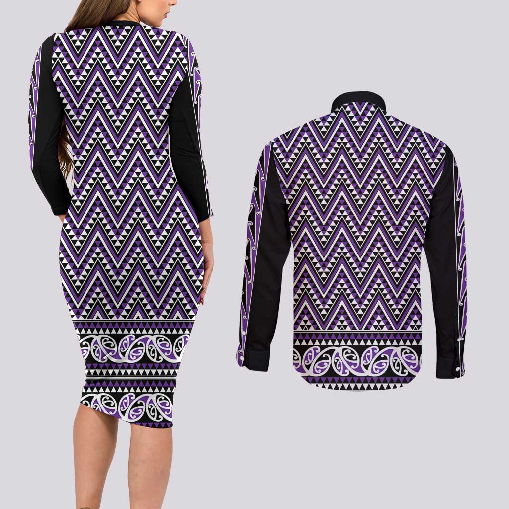 New Zealand Maori Niho Taniwha Couples Matching Long Sleeve Bodycon Dress and Long Sleeve Button Shirt Waiporopo Mangopare and Puhoro Pattern LT9 - Polynesian Pride