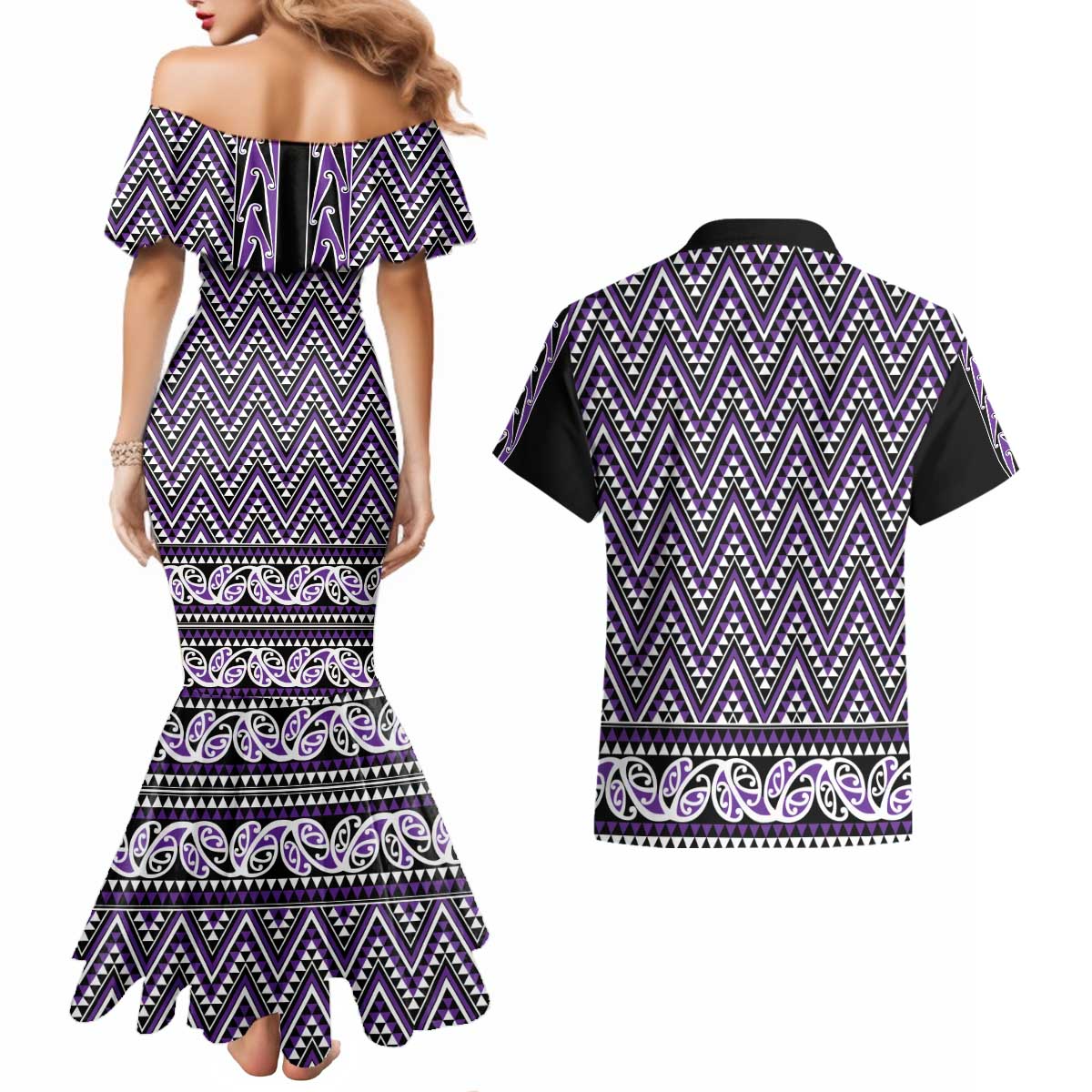 New Zealand Maori Niho Taniwha Couples Matching Mermaid Dress and Hawaiian Shirt Waiporopo Mangopare and Puhoro Pattern LT9 - Polynesian Pride