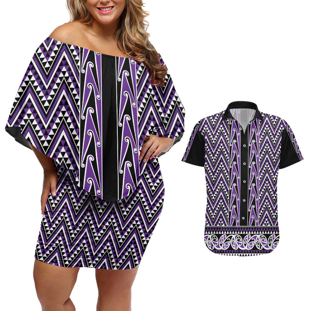 New Zealand Maori Niho Taniwha Couples Matching Off Shoulder Short Dress and Hawaiian Shirt Waiporopo Mangopare and Puhoro Pattern LT9 Purple - Polynesian Pride