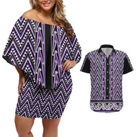 New Zealand Maori Niho Taniwha Couples Matching Off Shoulder Short Dress and Hawaiian Shirt Waiporopo Mangopare and Puhoro Pattern LT9 Purple - Polynesian Pride