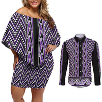 New Zealand Maori Niho Taniwha Couples Matching Off Shoulder Short Dress and Long Sleeve Button Shirt Waiporopo Mangopare and Puhoro Pattern LT9 Purple - Polynesian Pride