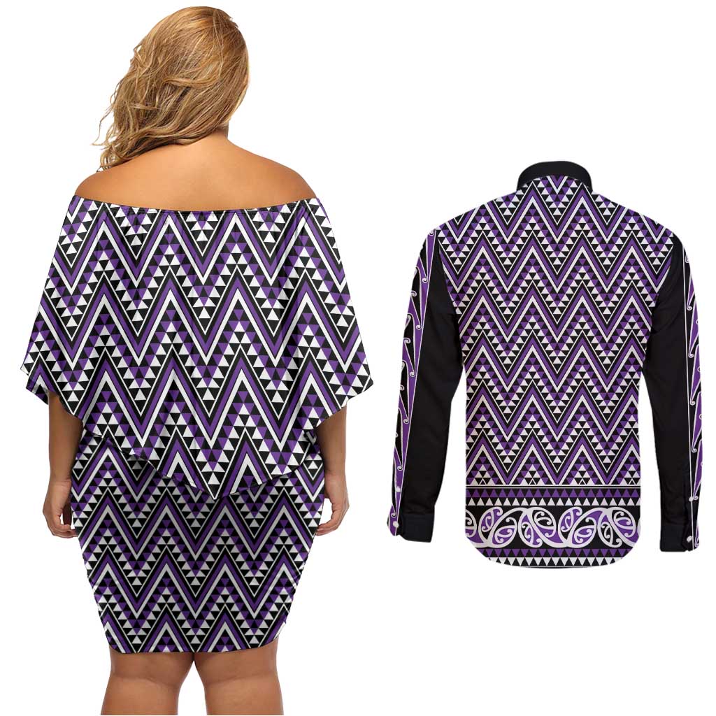 New Zealand Maori Niho Taniwha Couples Matching Off Shoulder Short Dress and Long Sleeve Button Shirt Waiporopo Mangopare and Puhoro Pattern LT9 - Polynesian Pride
