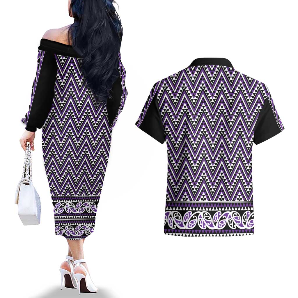 New Zealand Maori Niho Taniwha Couples Matching Off The Shoulder Long Sleeve Dress and Hawaiian Shirt Waiporopo Mangopare and Puhoro Pattern LT9 - Polynesian Pride