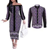 New Zealand Maori Niho Taniwha Couples Matching Off The Shoulder Long Sleeve Dress and Long Sleeve Button Shirt Waiporopo Mangopare and Puhoro Pattern LT9 Purple - Polynesian Pride