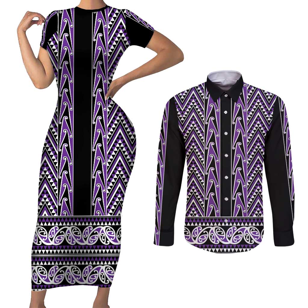 New Zealand Maori Niho Taniwha Couples Matching Short Sleeve Bodycon Dress and Long Sleeve Button Shirt Waiporopo Mangopare and Puhoro Pattern LT9 Purple - Polynesian Pride