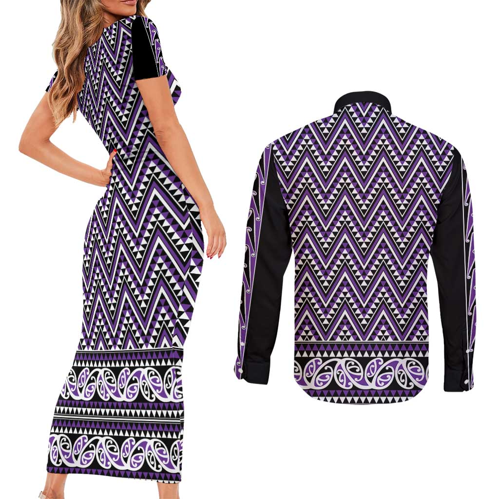 New Zealand Maori Niho Taniwha Couples Matching Short Sleeve Bodycon Dress and Long Sleeve Button Shirt Waiporopo Mangopare and Puhoro Pattern LT9 - Polynesian Pride