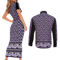 New Zealand Maori Niho Taniwha Couples Matching Short Sleeve Bodycon Dress and Long Sleeve Button Shirt Waiporopo Mangopare and Puhoro Pattern LT9 - Polynesian Pride