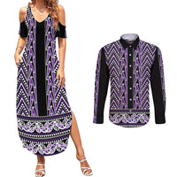New Zealand Maori Niho Taniwha Couples Matching Summer Maxi Dress and Long Sleeve Button Shirt Waiporopo Mangopare and Puhoro Pattern LT9 Purple - Polynesian Pride