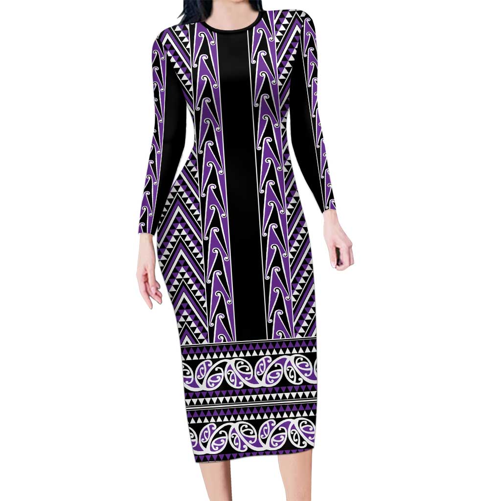 New Zealand Maori Niho Taniwha Family Matching Long Sleeve Bodycon Dress and Hawaiian Shirt Waiporopo Mangopare and Puhoro Pattern LT9 Mom's Dress Purple - Polynesian Pride