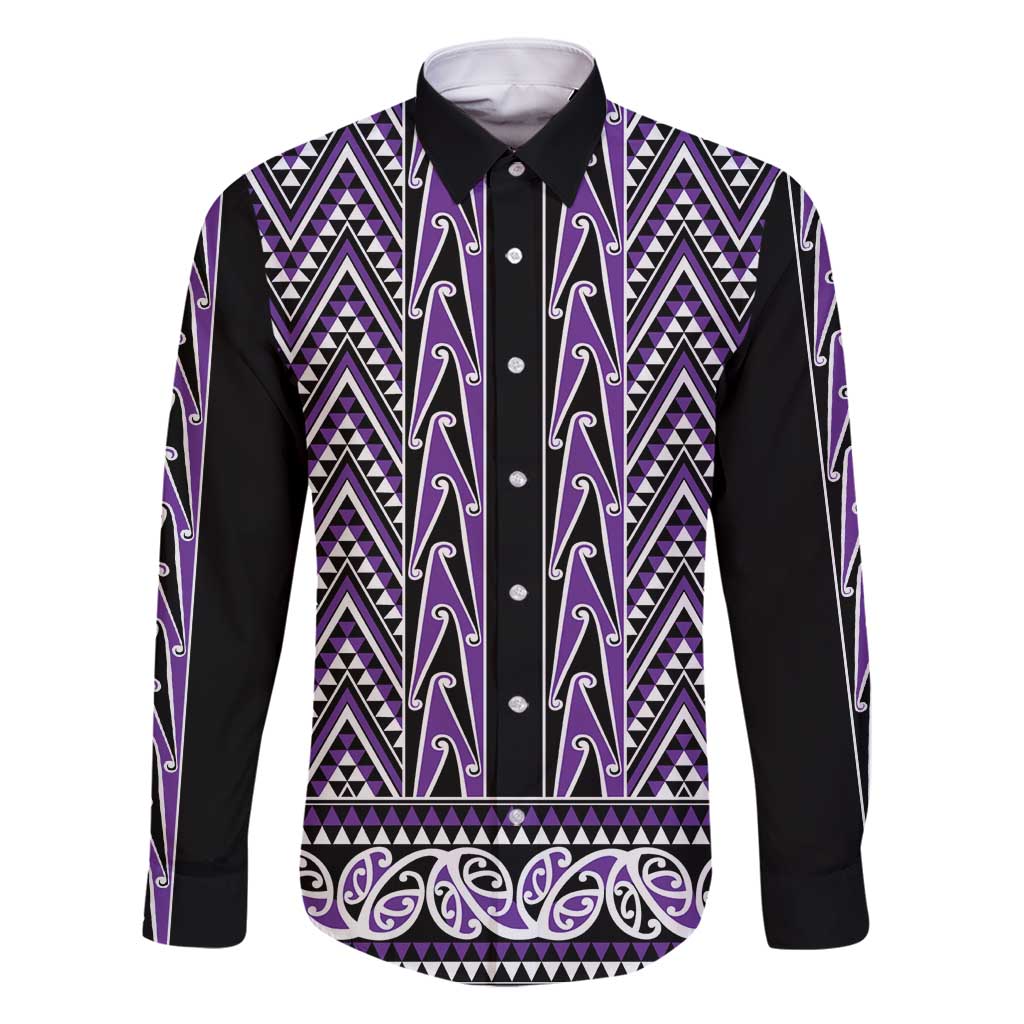 New Zealand Maori Niho Taniwha Family Matching Mermaid Dress and Hawaiian Shirt Waiporopo Mangopare and Puhoro Pattern LT9 Dad's Shirt - Long Sleeve Purple - Polynesian Pride