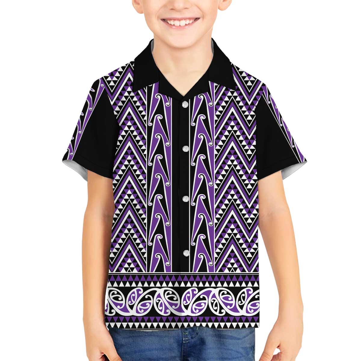 New Zealand Maori Niho Taniwha Family Matching Off The Shoulder Long Sleeve Dress and Hawaiian Shirt Waiporopo Mangopare and Puhoro Pattern LT9 Son's Shirt Purple - Polynesian Pride