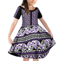 New Zealand Maori Niho Taniwha Family Matching Off Shoulder Short Dress and Hawaiian Shirt Waiporopo Mangopare and Puhoro Pattern LT9 Daughter's Dress Purple - Polynesian Pride
