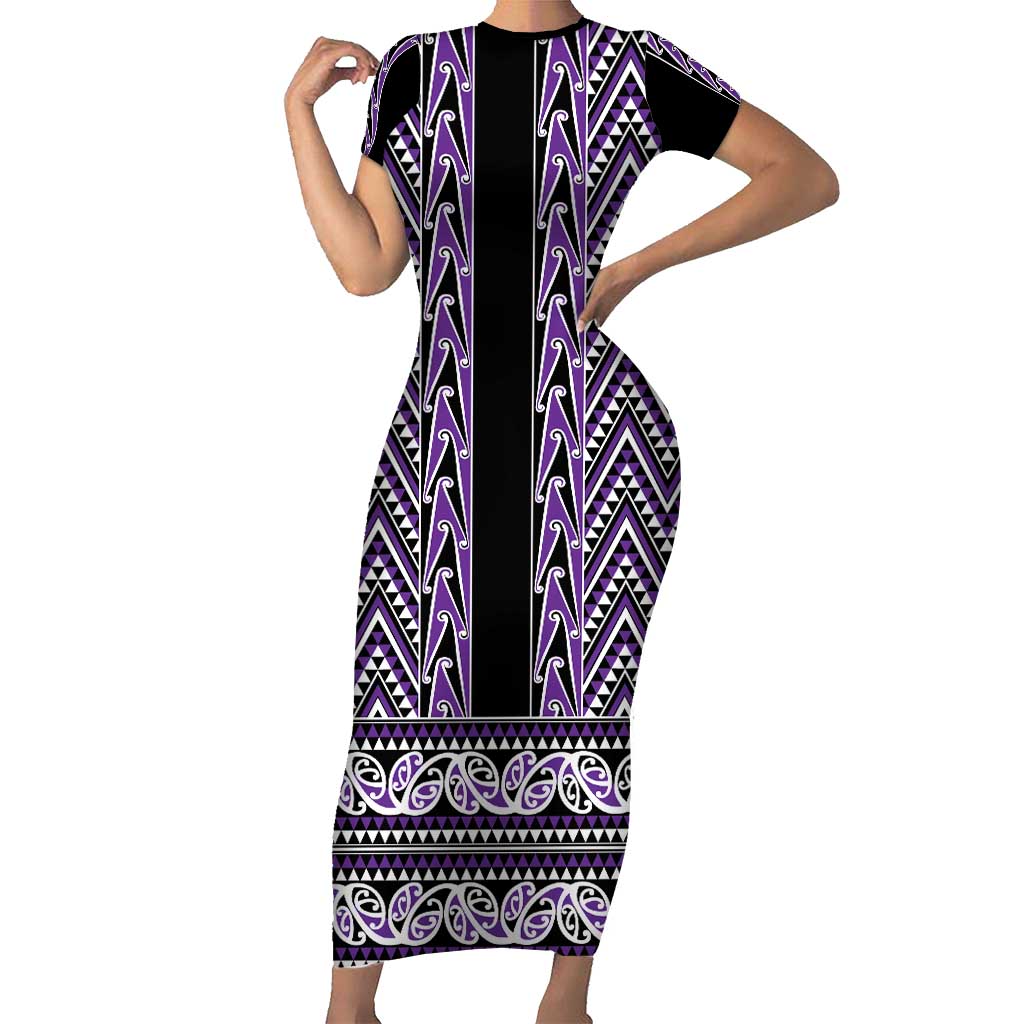 New Zealand Maori Niho Taniwha Family Matching Short Sleeve Bodycon Dress and Hawaiian Shirt Waiporopo Mangopare and Puhoro Pattern LT9 Mom's Dress Purple - Polynesian Pride