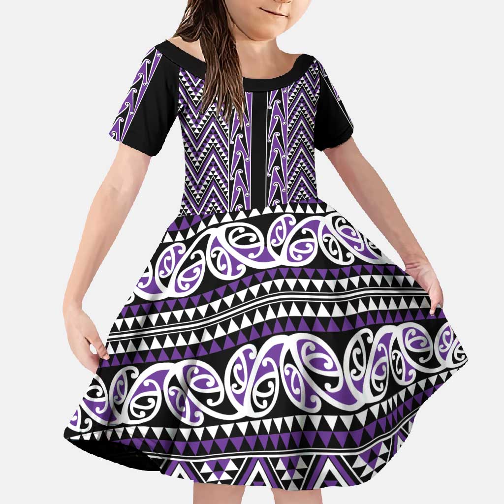 New Zealand Maori Niho Taniwha Family Matching Summer Maxi Dress and Hawaiian Shirt Waiporopo Mangopare and Puhoro Pattern LT9 Daughter's Dress Purple - Polynesian Pride