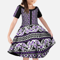New Zealand Maori Niho Taniwha Family Matching Tank Maxi Dress and Hawaiian Shirt Waiporopo Mangopare and Puhoro Pattern LT9 Daughter's Dress Purple - Polynesian Pride