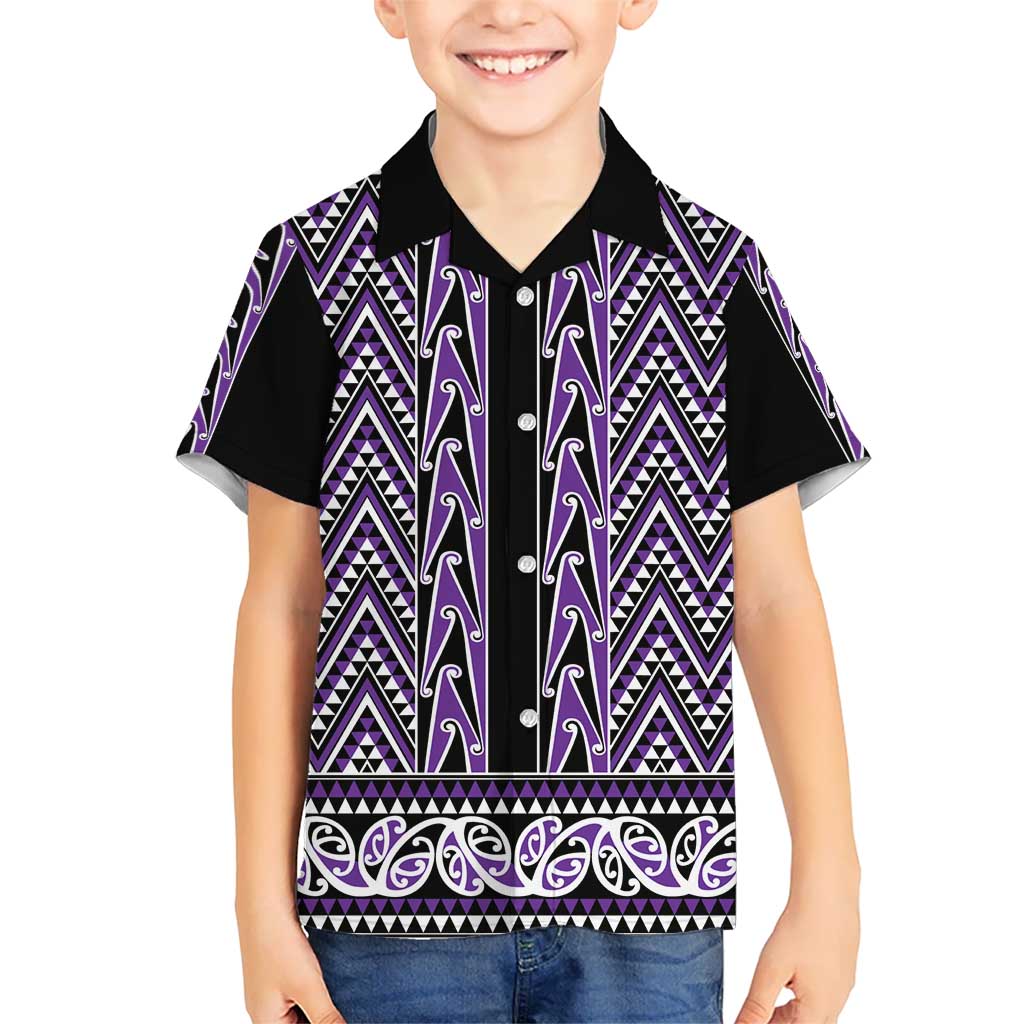 New Zealand Maori Niho Taniwha Kid Hawaiian Shirt Waiporopo Mangopare and Puhoro Pattern LT9 Kid Purple - Polynesian Pride