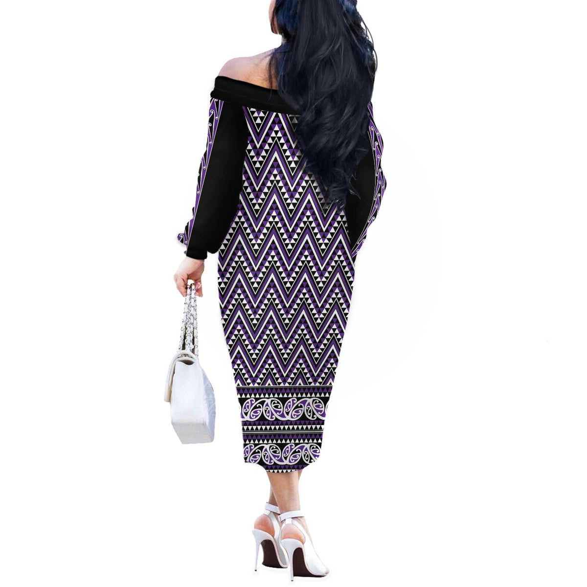 New Zealand Maori Niho Taniwha Off The Shoulder Long Sleeve Dress Waiporopo Mangopare and Puhoro Pattern