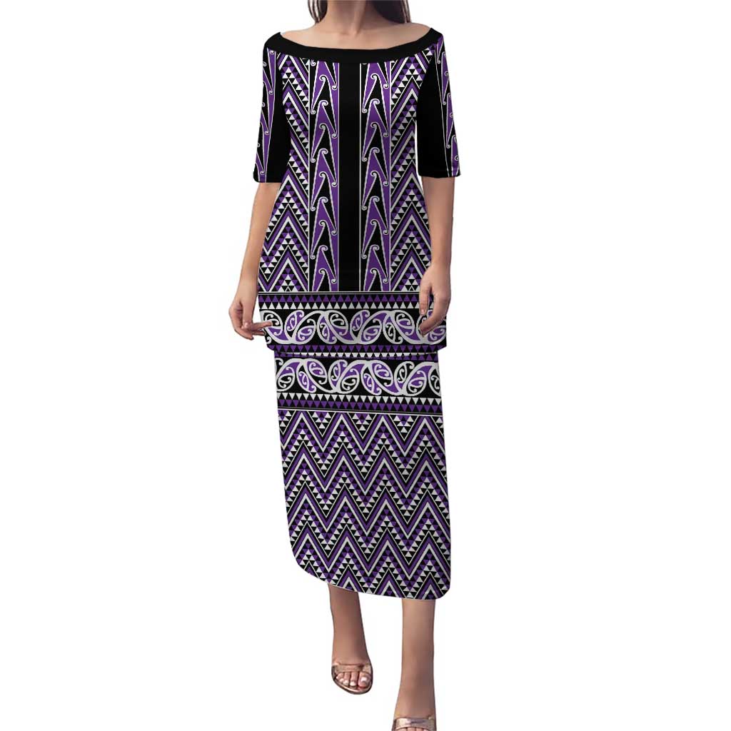 New Zealand Maori Niho Taniwha Puletasi Waiporopo Mangopare and Puhoro Pattern LT9 Long Dress Purple - Polynesian Pride