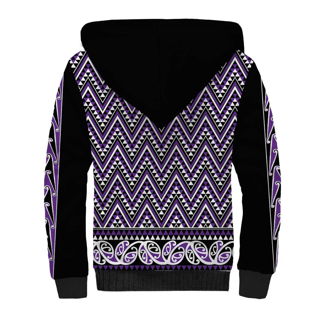 New Zealand Maori Niho Taniwha Sherpa Hoodie Waiporopo Mangopare and Puhoro Pattern