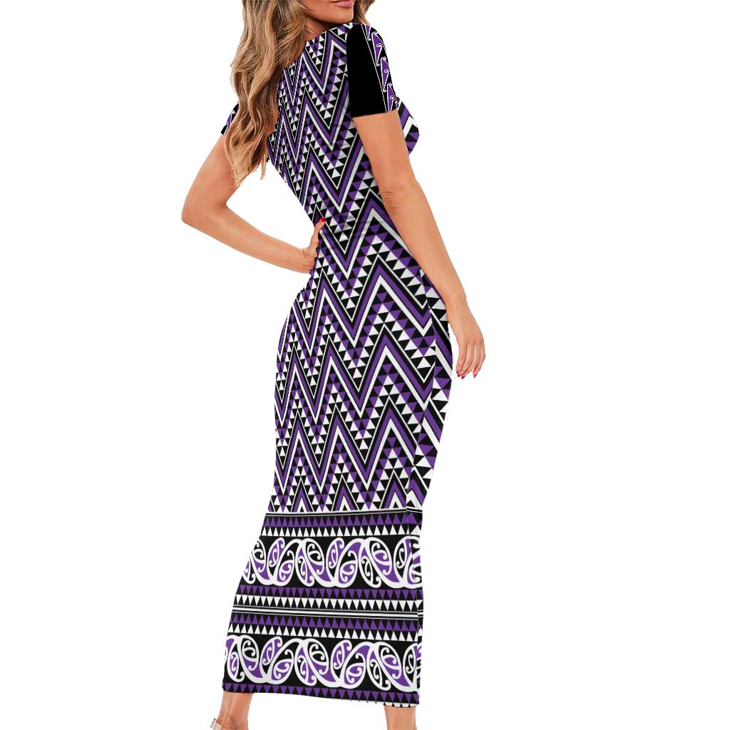 New Zealand Maori Niho Taniwha Short Sleeve Bodycon Dress Waiporopo Mangopare and Puhoro Pattern