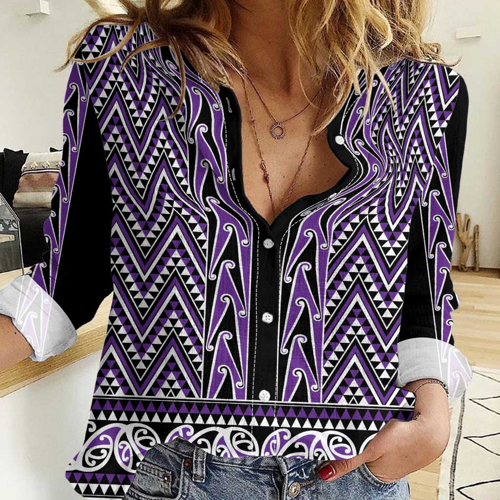 New Zealand Maori Niho Taniwha Women Casual Shirt Waiporopo Mangopare and Puhoro Pattern LT9 Female Purple - Polynesian Pride