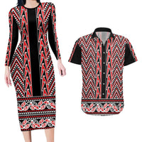 New Zealand Maori Niho Taniwha Couples Matching Long Sleeve Bodycon Dress and Hawaiian Shirt Whero Mangopare and Puhoro Pattern LT9 Red - Polynesian Pride