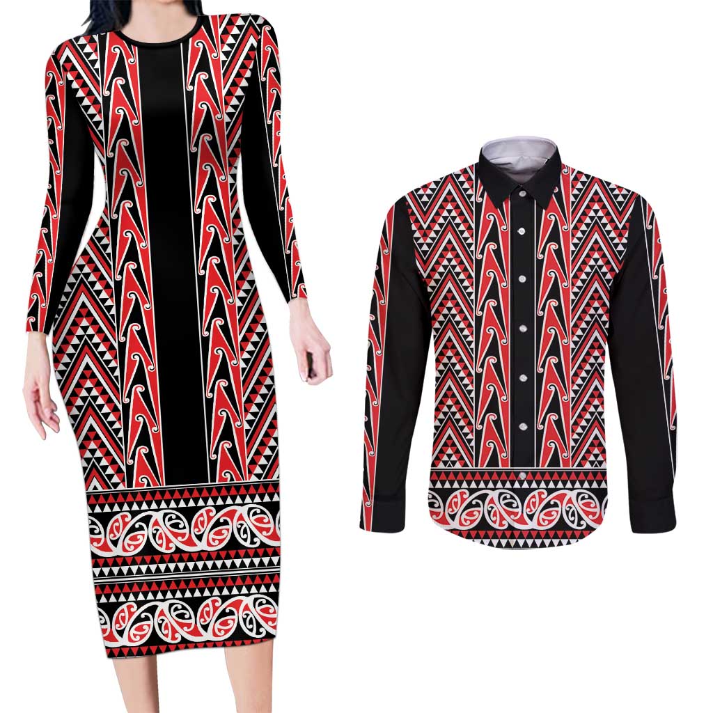 New Zealand Maori Niho Taniwha Couples Matching Long Sleeve Bodycon Dress and Long Sleeve Button Shirt Whero Mangopare and Puhoro Pattern LT9 Red - Polynesian Pride