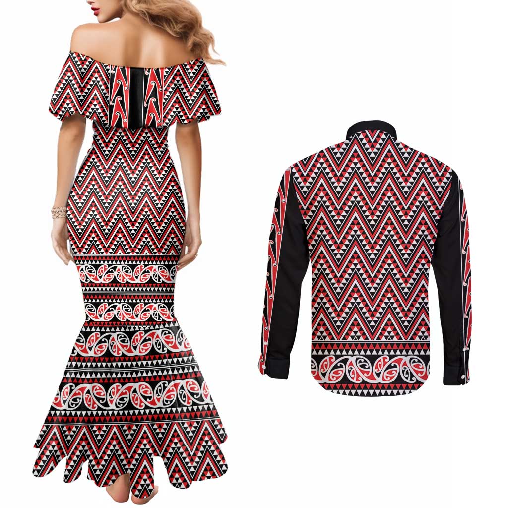New Zealand Maori Niho Taniwha Couples Matching Mermaid Dress and Long Sleeve Button Shirt Whero Mangopare and Puhoro Pattern LT9 - Polynesian Pride