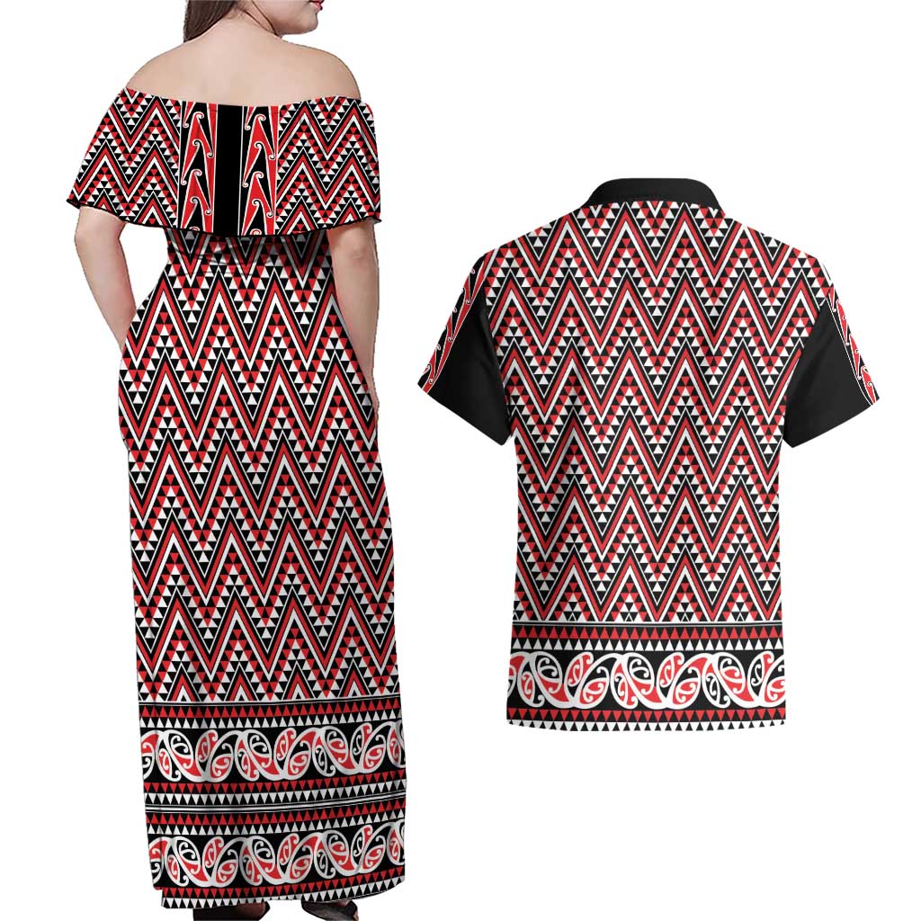 New Zealand Maori Niho Taniwha Couples Matching Off Shoulder Maxi Dress and Hawaiian Shirt Whero Mangopare and Puhoro Pattern LT9 - Polynesian Pride
