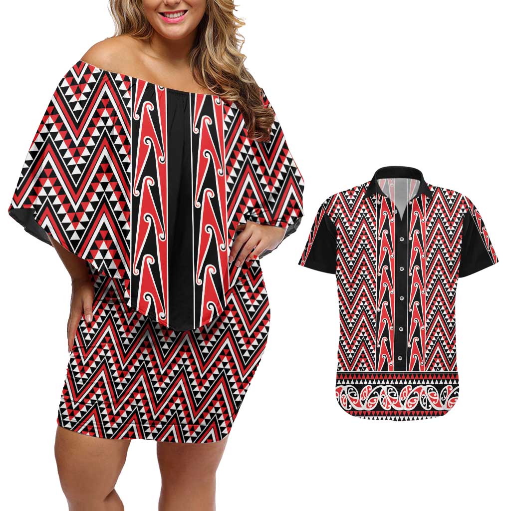 New Zealand Maori Niho Taniwha Couples Matching Off Shoulder Short Dress and Hawaiian Shirt Whero Mangopare and Puhoro Pattern LT9 Red - Polynesian Pride