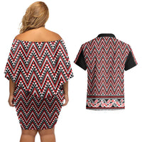 New Zealand Maori Niho Taniwha Couples Matching Off Shoulder Short Dress and Hawaiian Shirt Whero Mangopare and Puhoro Pattern LT9 - Polynesian Pride