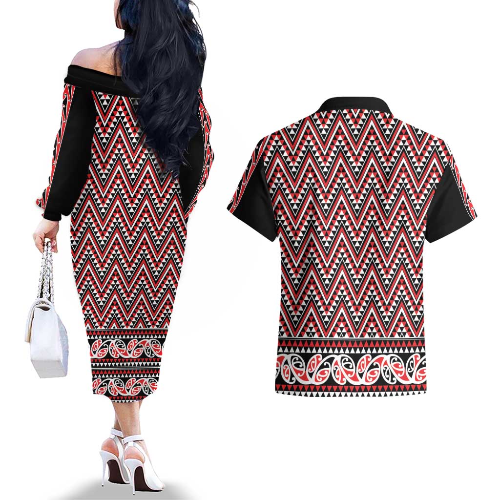 New Zealand Maori Niho Taniwha Couples Matching Off The Shoulder Long Sleeve Dress and Hawaiian Shirt Whero Mangopare and Puhoro Pattern LT9 - Polynesian Pride
