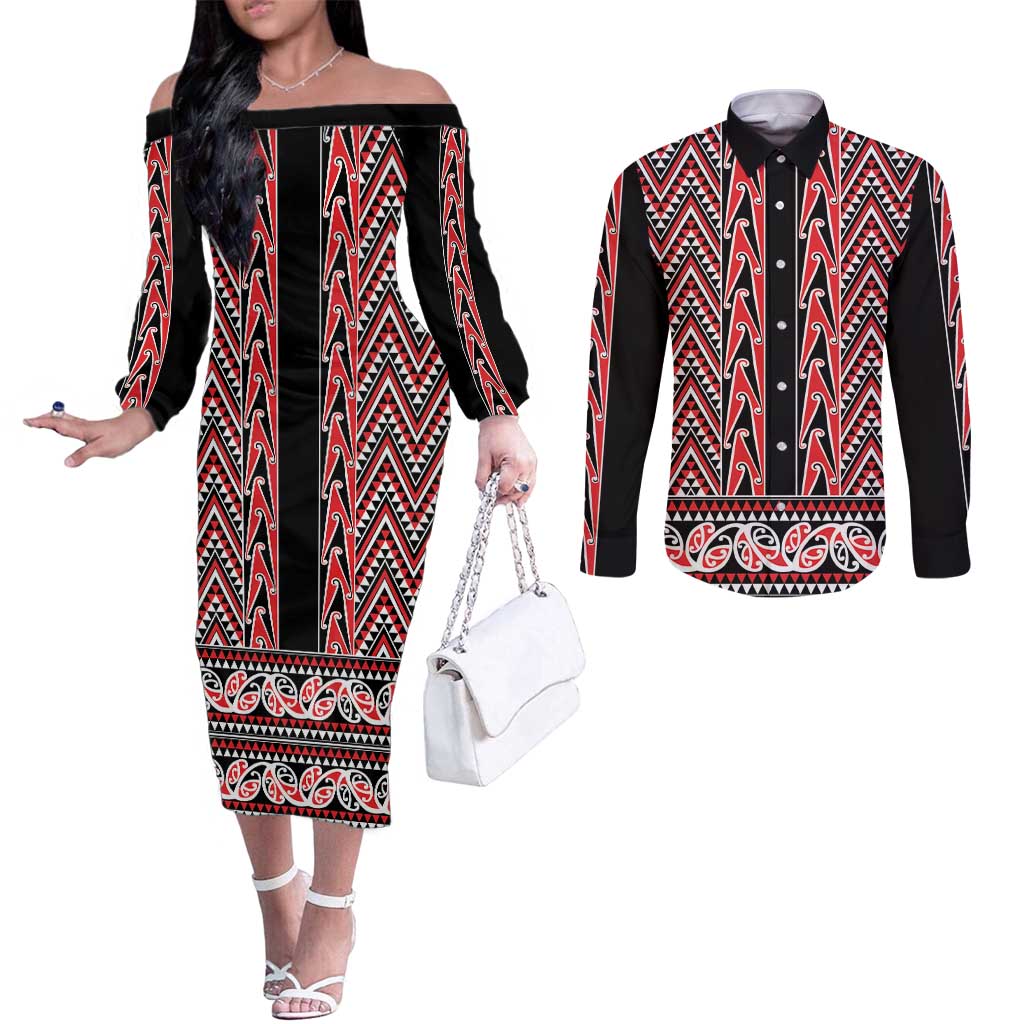 New Zealand Maori Niho Taniwha Couples Matching Off The Shoulder Long Sleeve Dress and Long Sleeve Button Shirt Whero Mangopare and Puhoro Pattern LT9 Red - Polynesian Pride