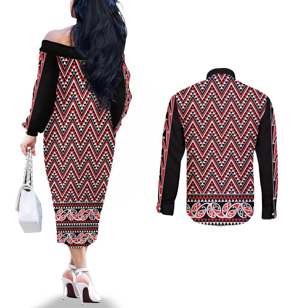 New Zealand Maori Niho Taniwha Couples Matching Off The Shoulder Long Sleeve Dress and Long Sleeve Button Shirt Whero Mangopare and Puhoro Pattern LT9 - Polynesian Pride