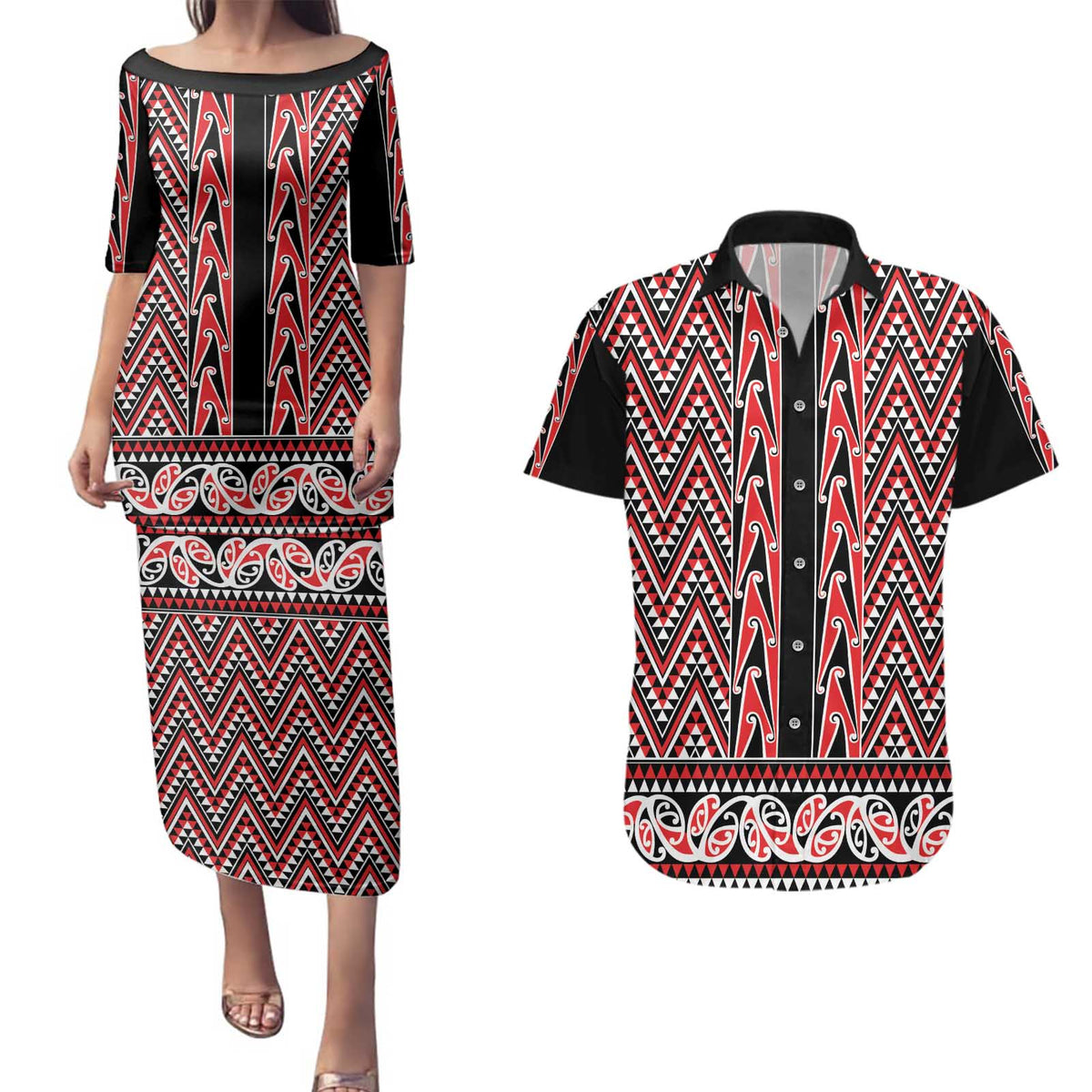 New Zealand Maori Niho Taniwha Couples Matching Puletasi and Hawaiian Shirt Whero Mangopare and Puhoro Pattern