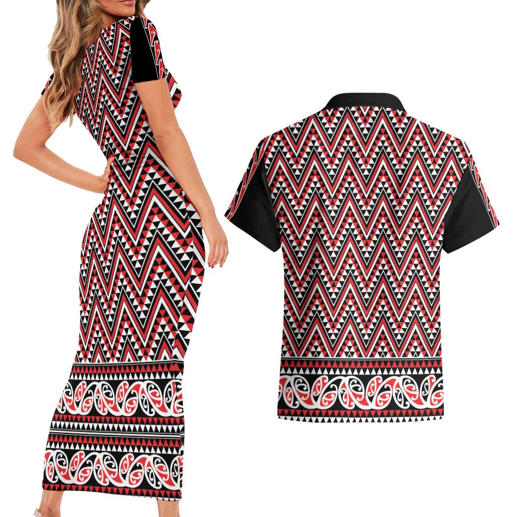 New Zealand Maori Niho Taniwha Couples Matching Short Sleeve Bodycon Dress and Hawaiian Shirt Whero Mangopare and Puhoro Pattern LT9 - Polynesian Pride