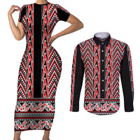 New Zealand Maori Niho Taniwha Couples Matching Short Sleeve Bodycon Dress and Long Sleeve Button Shirt Whero Mangopare and Puhoro Pattern LT9 Red - Polynesian Pride