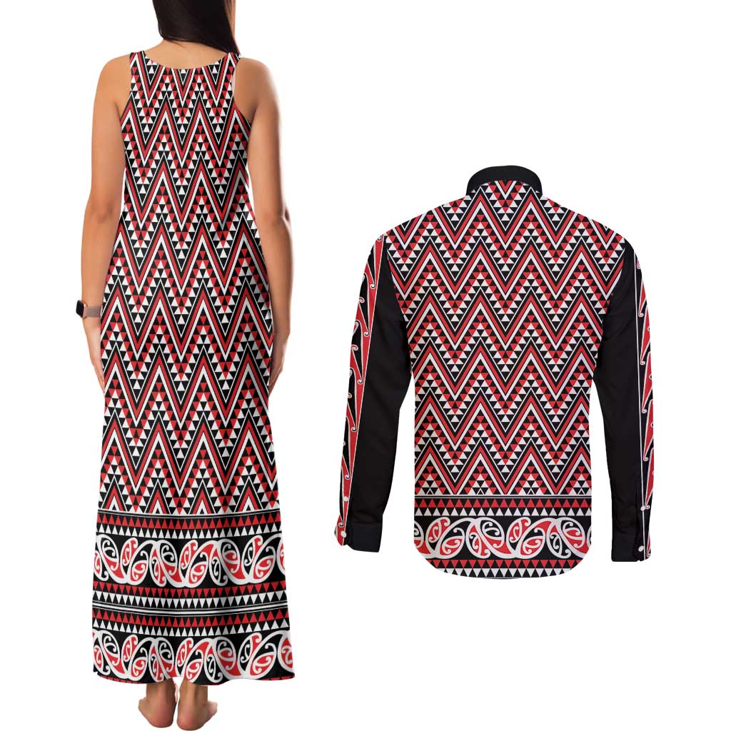 New Zealand Maori Niho Taniwha Couples Matching Tank Maxi Dress and Long Sleeve Button Shirt Whero Mangopare and Puhoro Pattern LT9 - Polynesian Pride