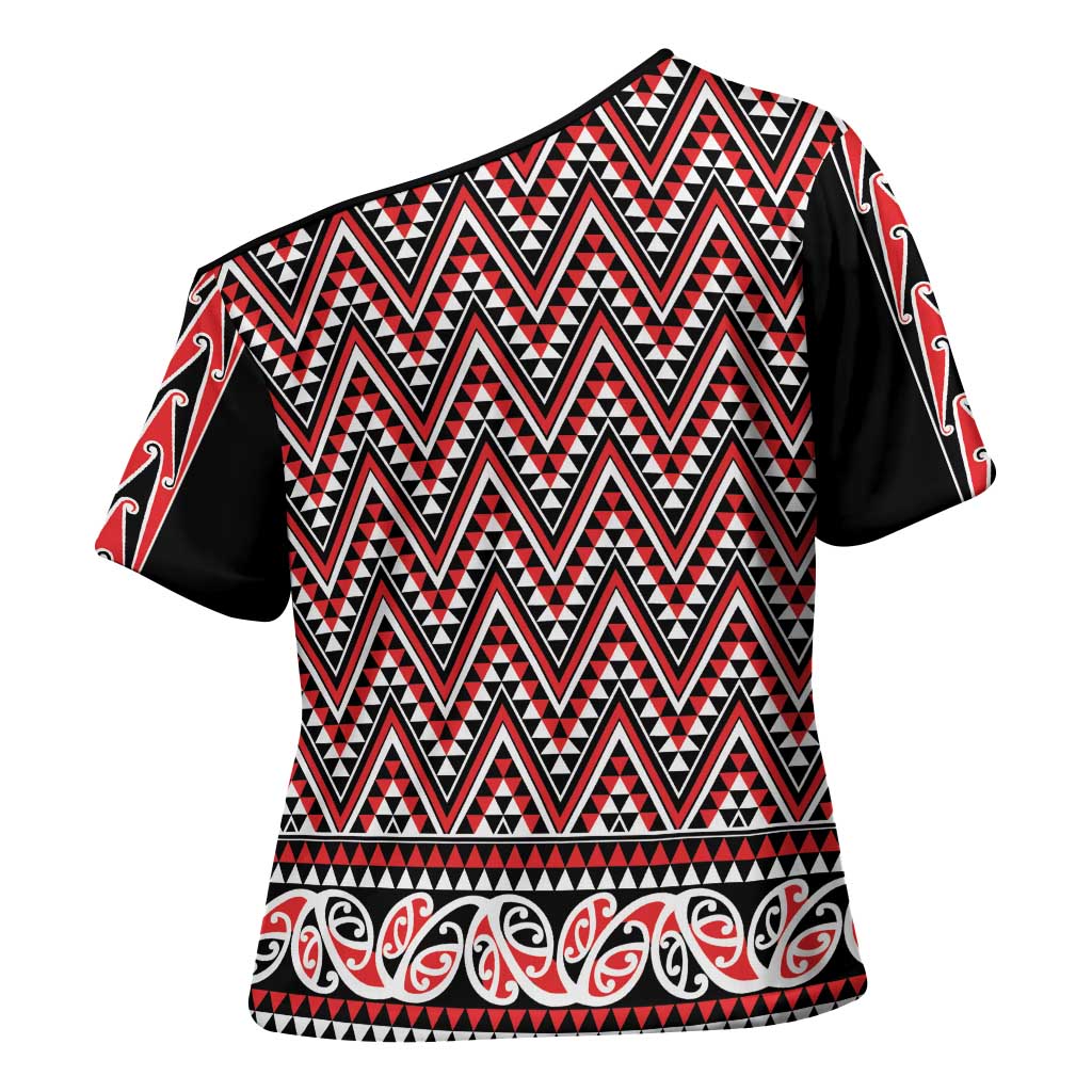 New Zealand Maori Niho Taniwha Cross Shoulder Shirt Whero Mangopare and Puhoro Pattern - Polynesian Pride
