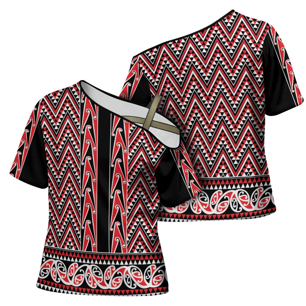 New Zealand Maori Niho Taniwha Cross Shoulder Shirt Whero Mangopare and Puhoro Pattern - Polynesian Pride