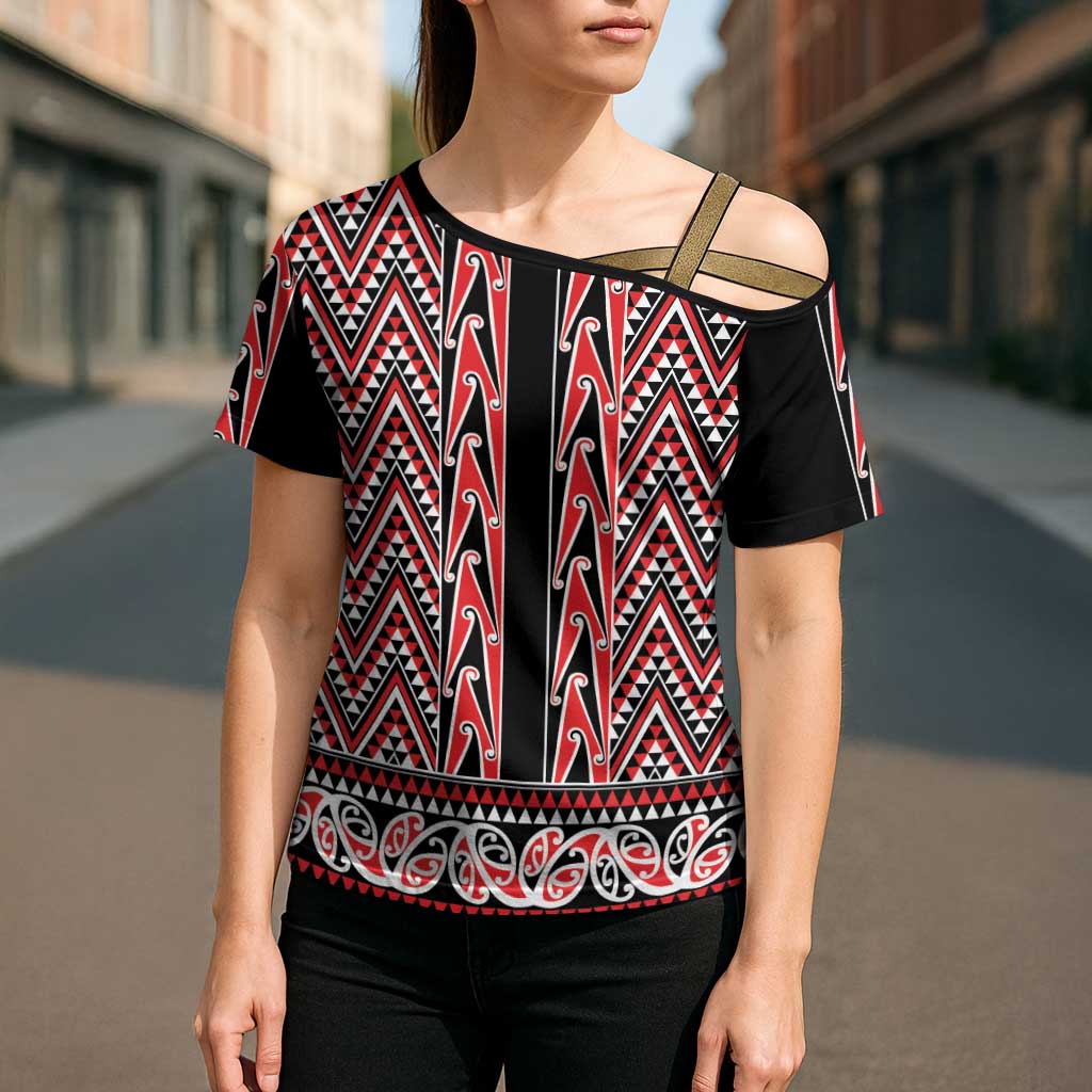 New Zealand Maori Niho Taniwha Cross Shoulder Shirt Whero Mangopare and Puhoro Pattern - Polynesian Pride