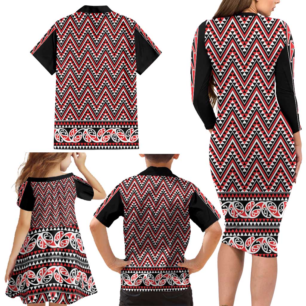 New Zealand Maori Niho Taniwha Family Matching Long Sleeve Bodycon Dress and Hawaiian Shirt Whero Mangopare and Puhoro Pattern LT9 - Polynesian Pride