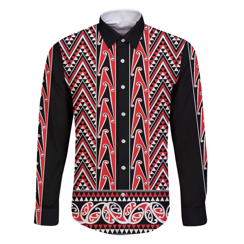 New Zealand Maori Niho Taniwha Family Matching Long Sleeve Bodycon Dress and Hawaiian Shirt Whero Mangopare and Puhoro Pattern LT9 Dad's Shirt - Long Sleeve Red - Polynesian Pride