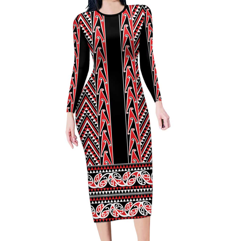New Zealand Maori Niho Taniwha Family Matching Long Sleeve Bodycon Dress and Hawaiian Shirt Whero Mangopare and Puhoro Pattern LT9 Mom's Dress Red - Polynesian Pride