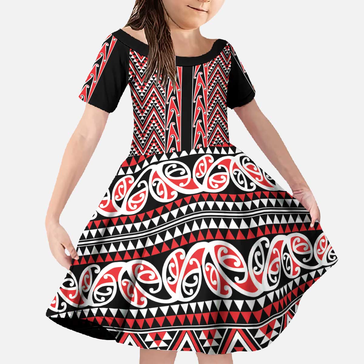 New Zealand Maori Niho Taniwha Family Matching Off The Shoulder Long Sleeve Dress and Hawaiian Shirt Whero Mangopare and Puhoro Pattern LT9 Daughter's Dress Red - Polynesian Pride