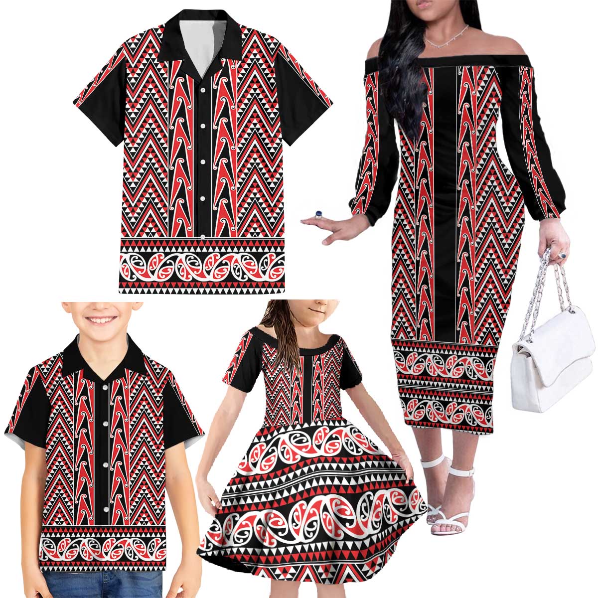 New Zealand Maori Niho Taniwha Family Matching Off The Shoulder Long Sleeve Dress and Hawaiian Shirt Whero Mangopare and Puhoro Pattern LT9 - Polynesian Pride