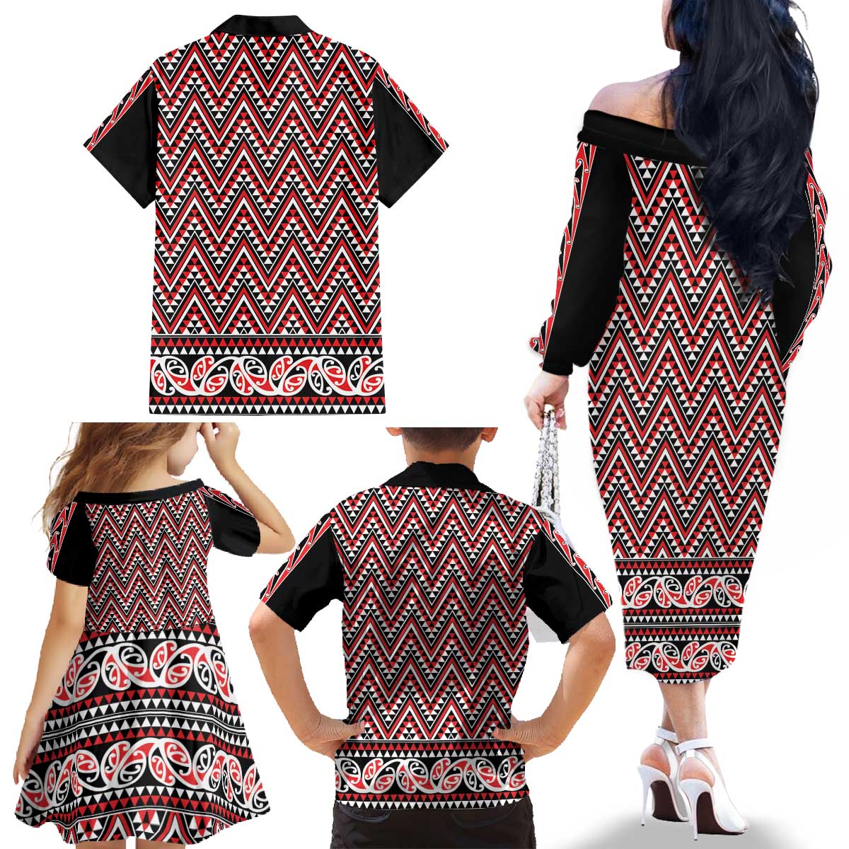 New Zealand Maori Niho Taniwha Family Matching Off The Shoulder Long Sleeve Dress and Hawaiian Shirt Whero Mangopare and Puhoro Pattern LT9 - Polynesian Pride