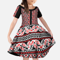 New Zealand Maori Niho Taniwha Family Matching Off Shoulder Maxi Dress and Hawaiian Shirt Whero Mangopare and Puhoro Pattern LT9 Daughter's Dress Red - Polynesian Pride