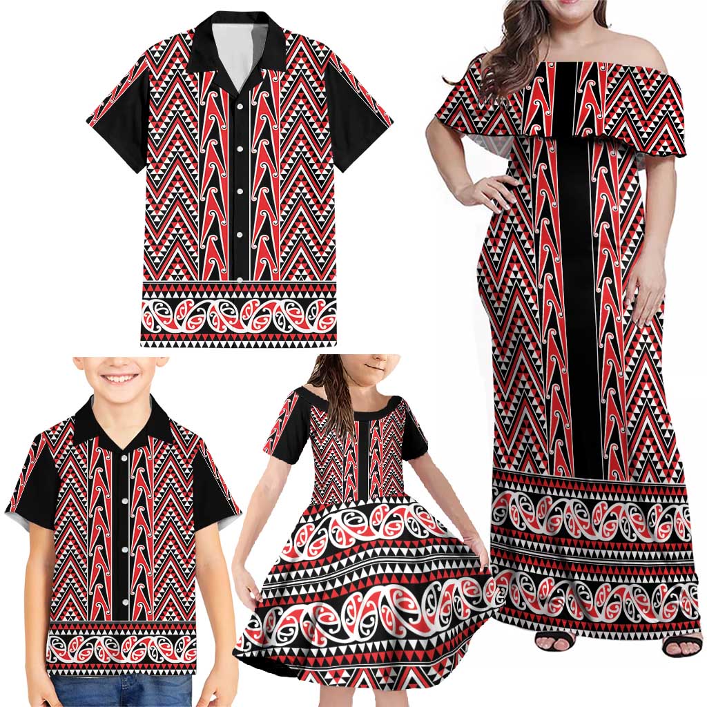 New Zealand Maori Niho Taniwha Family Matching Off Shoulder Maxi Dress and Hawaiian Shirt Whero Mangopare and Puhoro Pattern LT9 - Polynesian Pride