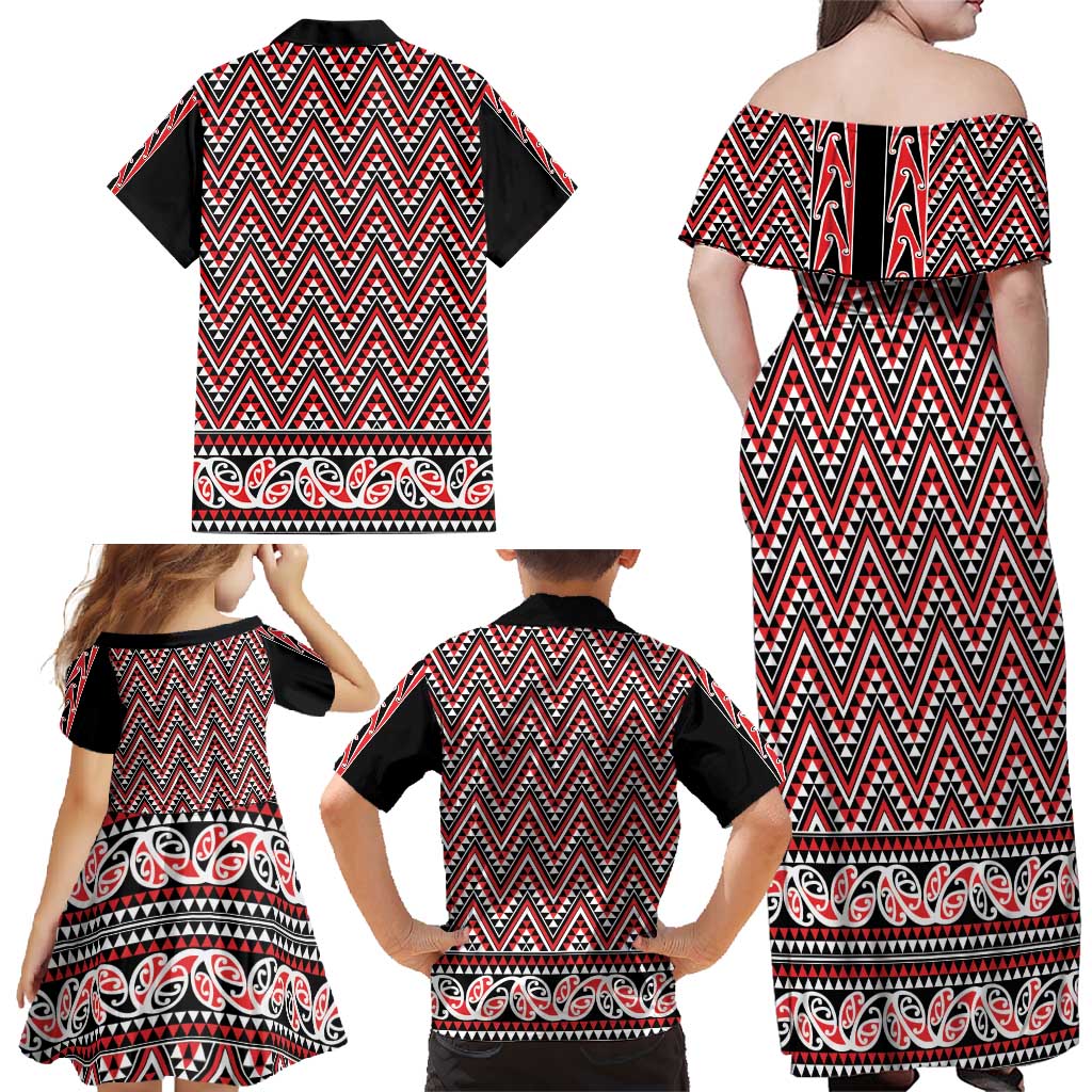 New Zealand Maori Niho Taniwha Family Matching Off Shoulder Maxi Dress and Hawaiian Shirt Whero Mangopare and Puhoro Pattern LT9 - Polynesian Pride